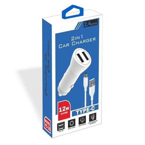 PDAteknoloji Yetty 12W 2 in 1 Araç Şarj Cihazı +1m Type-C Kablo Beyaz YC-30T (Yerli Üretim)