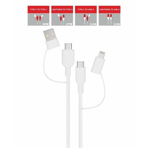 PDAteknoloji Yetty 60W 4in1 Type-C,Lightning,USB-A Data ve Hızlı Şarj Kablosu 1.2m Beyaz YKB-41B (Yerli Üretim)