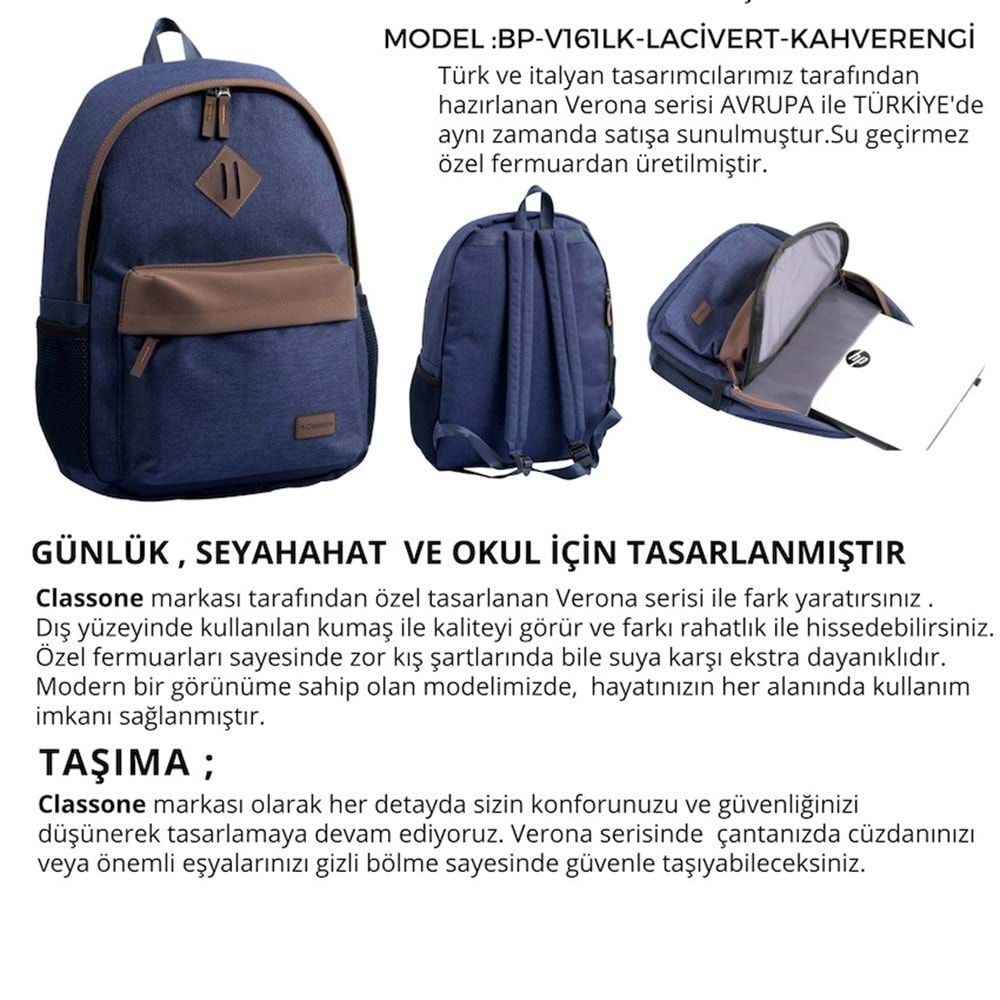 Classone BP-V161LK 15,6 inç Notebook Sırt Çantası-Lacivert-Kahverengi