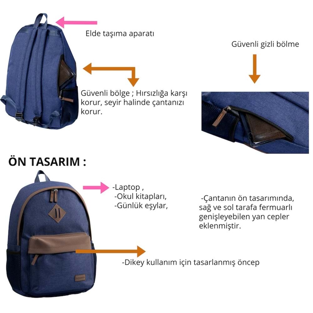 Classone BP-V161LK 15,6 inç Notebook Sırt Çantası-Lacivert-Kahverengi