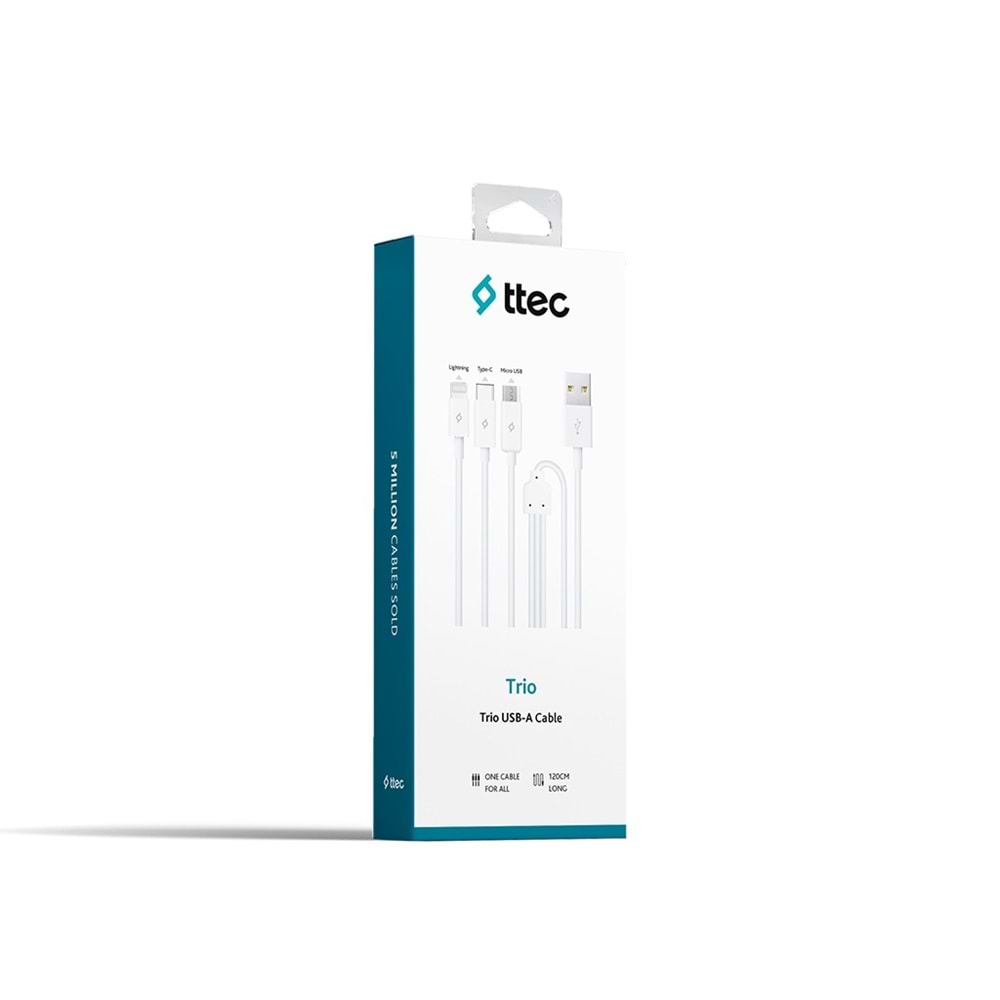 Ttec Trio Şarj Kablosu Type-C,Lightning,Micro USB 120cm Beyaz - 2DK7521