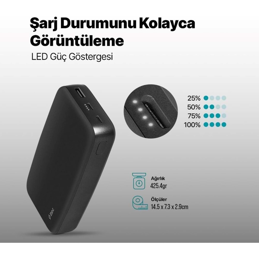 Ttec ChargeUp 20.000 mAh Taşınabilir Hızlı Şarj Aleti/Powerbank Siyah 2BB210S