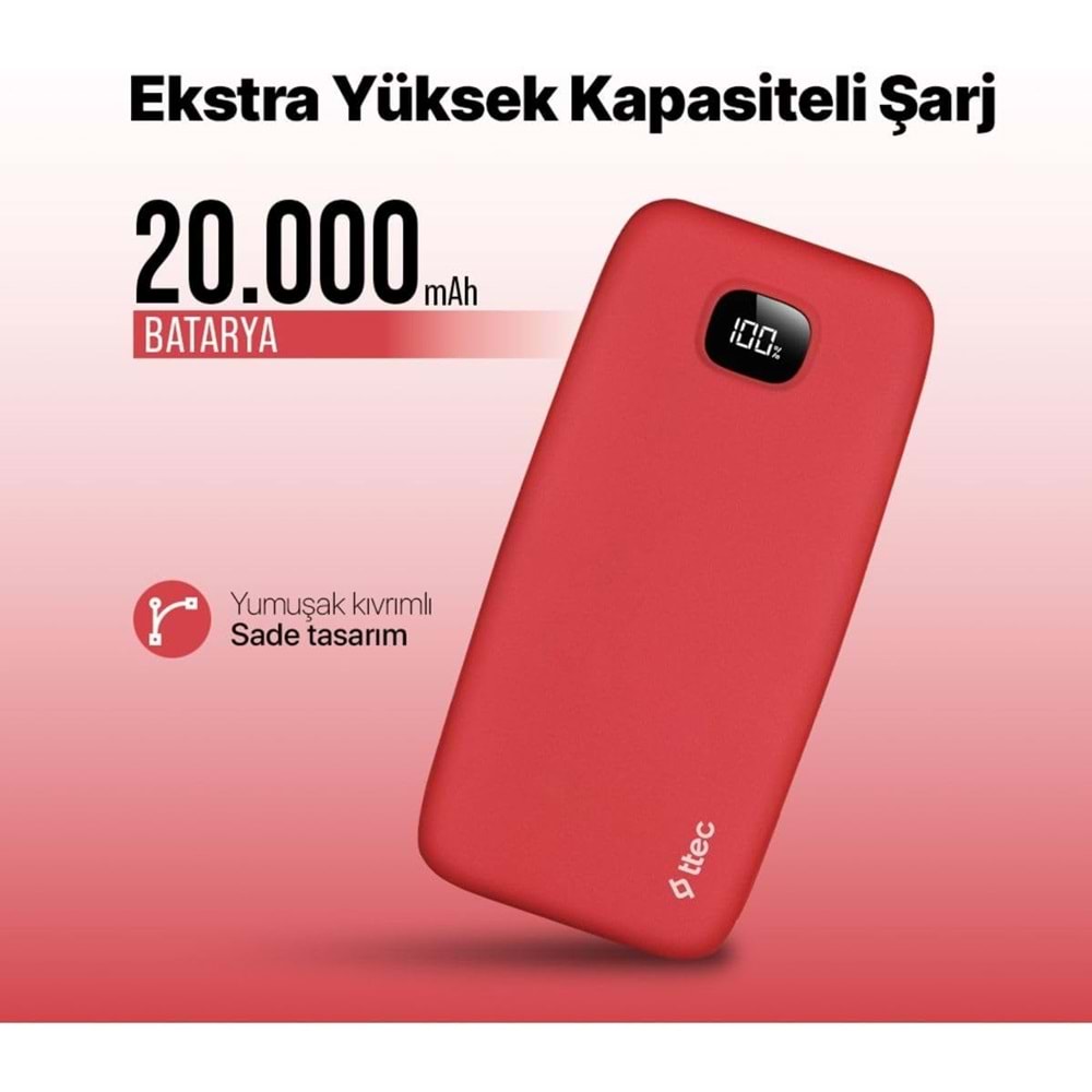 Ttec ChargeUp LCD 20.000 mAh Taşınabilir Hızlı Şarj Aleti/Powerbank Gül Kurusu 2BB211GK