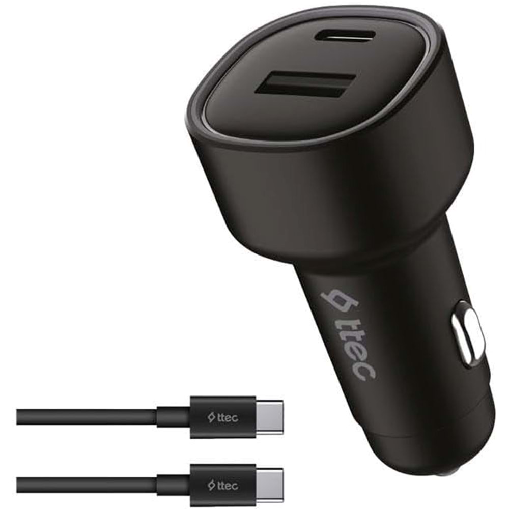 Ttec SmartCharger Duo PD 48W Araç Hızlı Şarj Aleti USB-C+USB-A + USB-C- USB-C 3A Kablo Siyah 2CKP02CS