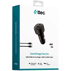 Ttec SmartCharger Duo PD 48W Araç Hızlı Şarj Aleti USB-C+USB-A + USB-C- USB-C 3A Kablo Siyah 2CKP02CS