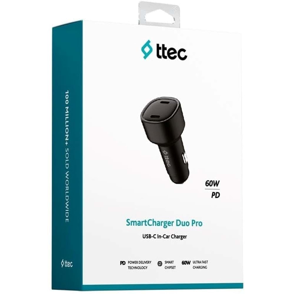 Ttec SmartCharger Duo PD 60W Araç Hızlı Şarj Aleti USB-C+USB-C Siyah 2CKP03S