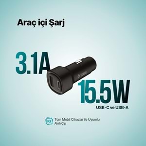 Ttec AkıllıŞarjCihazı Çift Girişli 3.1A Araç Şarj Aleti USB-C+USB-A (15.5W) (KABLOSUZDUR) - 2CKS35S