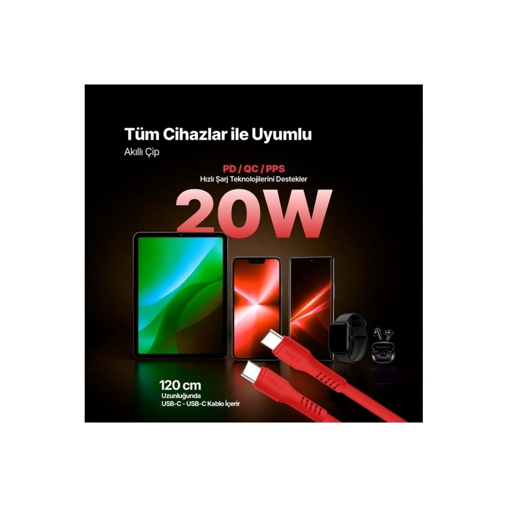 Ttec Special COLLECTION SmartCharger Pro GAN 20W PD Seyahat Hızlı Şarj Aleti + USB-C - USB-C 3A Kablo 1.2m Neon Kırmızı 2SCG20CNK (3 yıl garantili)