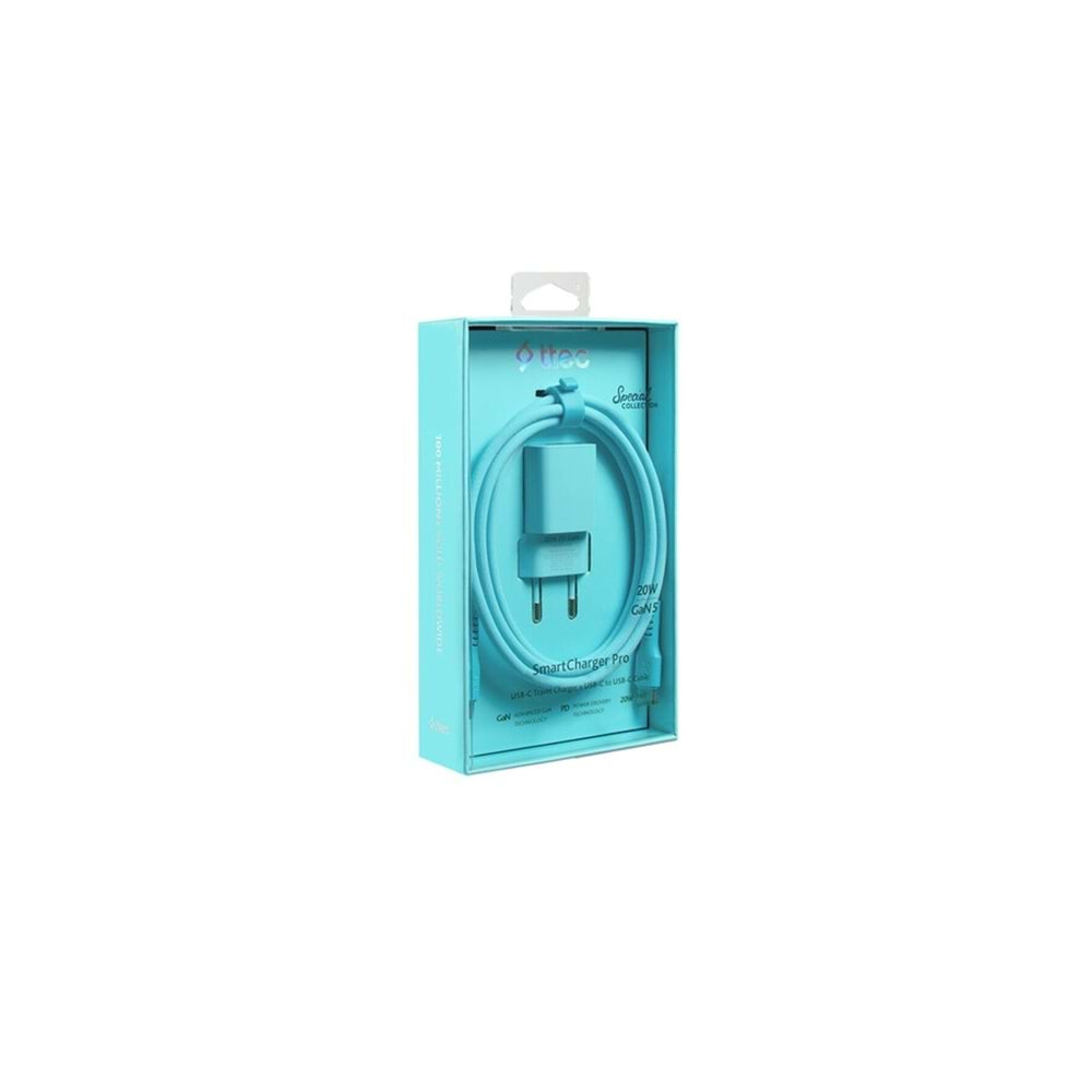 Ttec Special COLLECTION SmartCharger Pro GAN 20W PD Seyahat Hızlı Şarj Aleti + USB-C - USB-C 3A Kablo 1.2m Neon Mavi 2SCG20CNM (3 yıl garantili)