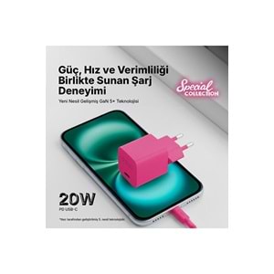 Ttec Special COLLECTION SmartCharger Pro GAN 20W PD Seyahat Hızlı Şarj Aleti + USB-C - USB-C 3A Kablo 1.2m Neon Pembe 2SCG20CNP (3 yıl garantili)