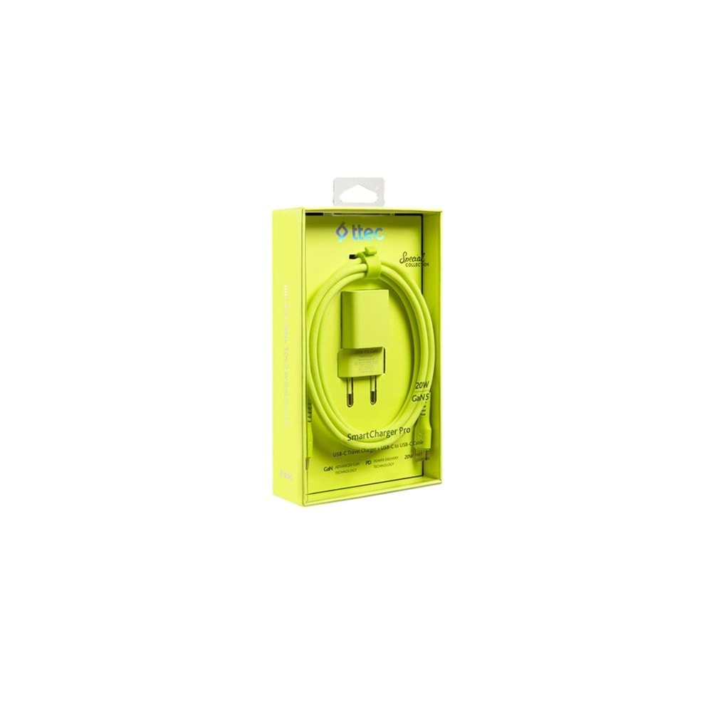 Ttec Special COLLECTION SmartCharger Pro GAN 20W PD Seyahat Hızlı Şarj Aleti + USB-C - USB-C 3A Kablo 1.2m Neon Sarı 2SCG20CNS (3 yıl garantili)