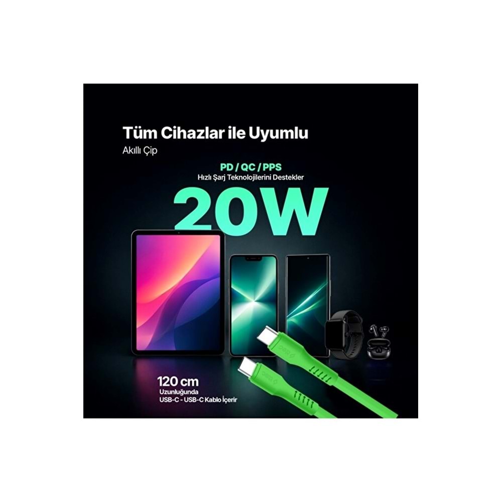Ttec Special COLLECTION SmartCharger Pro GAN 20W PD Seyahat Hızlı Şarj Aleti + USB-C - USB-C 3A Kablo 1.2m Neon Yeşil 2SCG20CNY (3 yıl garantili)