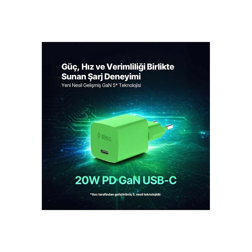 Ttec Special COLLECTION SmartCharger Pro GAN 20W PD Seyahat Hızlı Şarj Aleti + USB-C - USB-C 3A Kablo 1.2m Neon Yeşil 2SCG20CNY (3 yıl garantili)