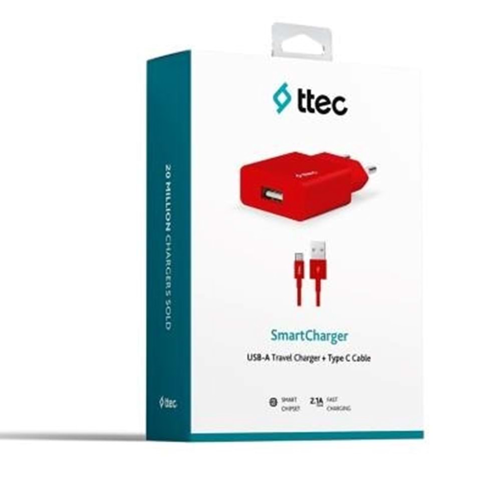 Ttec AkıllıŞarjCihazı Seyahat Şarj Aleti 2.1A + Type-C Kablo Kırmızı - 2SCS20CK