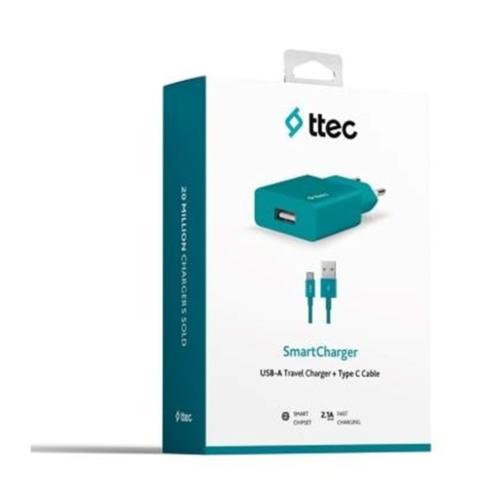 Ttec AkıllıŞarjCihazı Seyahat Şarj Aleti 2.1A + Type-C Kablo Turkuaz - 2SCS20CTZ