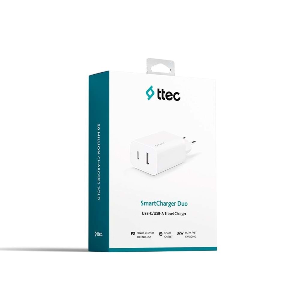Ttec AkıllıŞarjCihazı Duo PD 32W Seyahat Hızlı Şarj Aleti USB-C + USB-A Beyaz (KABLOSUZDUR) 2SCS24B