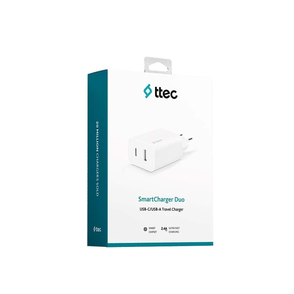 Ttec AkıllıŞarjCihazı İki Girişli USB-C+USB-A Şarj Aleti 2.4A Beyaz (KABLOSUZDUR) - 2SCS25B