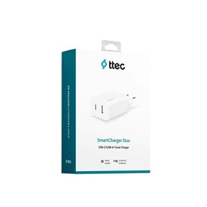 Ttec AkıllıŞarjCihazı İki Girişli USB-C+USB-A Şarj Aleti 2.4A Beyaz (KABLOSUZDUR) - 2SCS25B