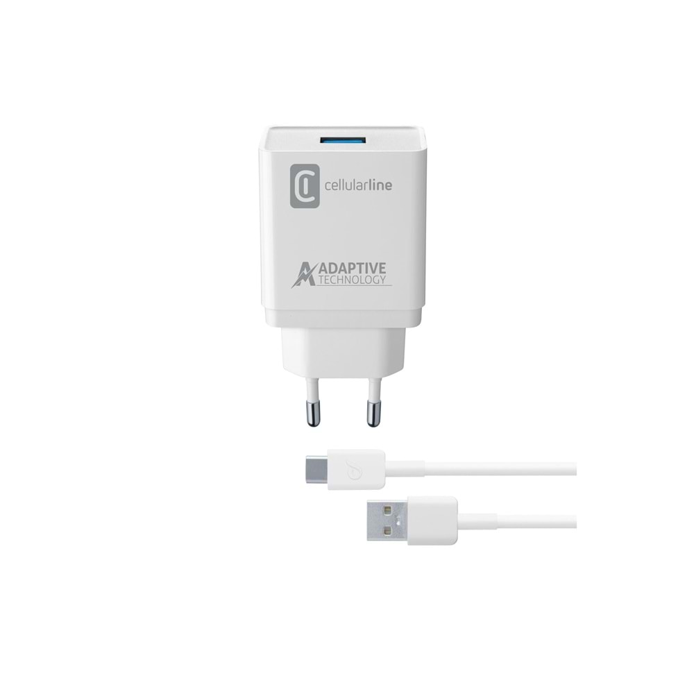 Cellularline 15W Hızlı Şarj Adaptörü + Type-C Kablo Beyaz