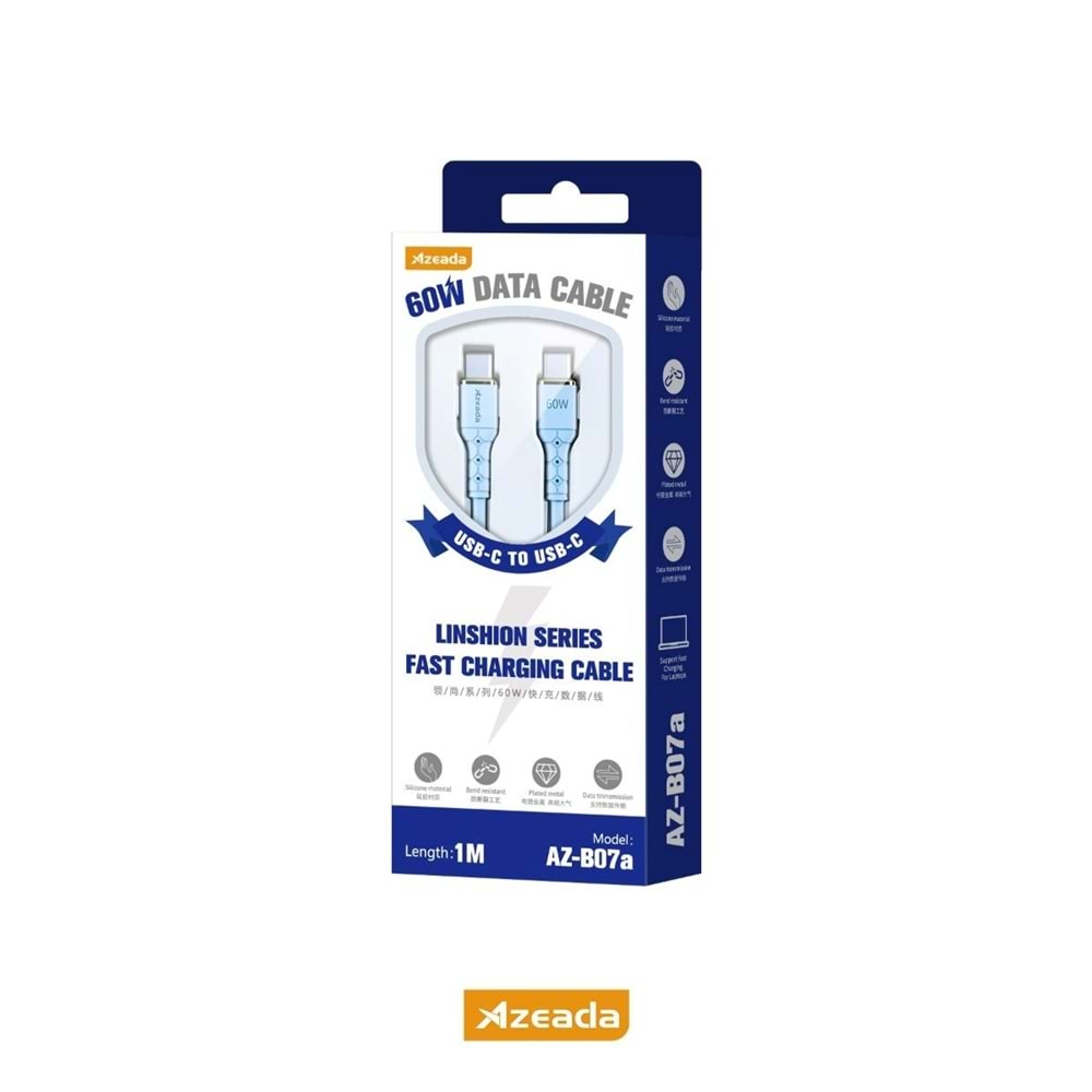 PDAteknoloji Azeada Linshion Serisi 60W Type-C to Type-C Hızlı Şarj ve Data Kablosu 1m Mavi AZ-B07AM