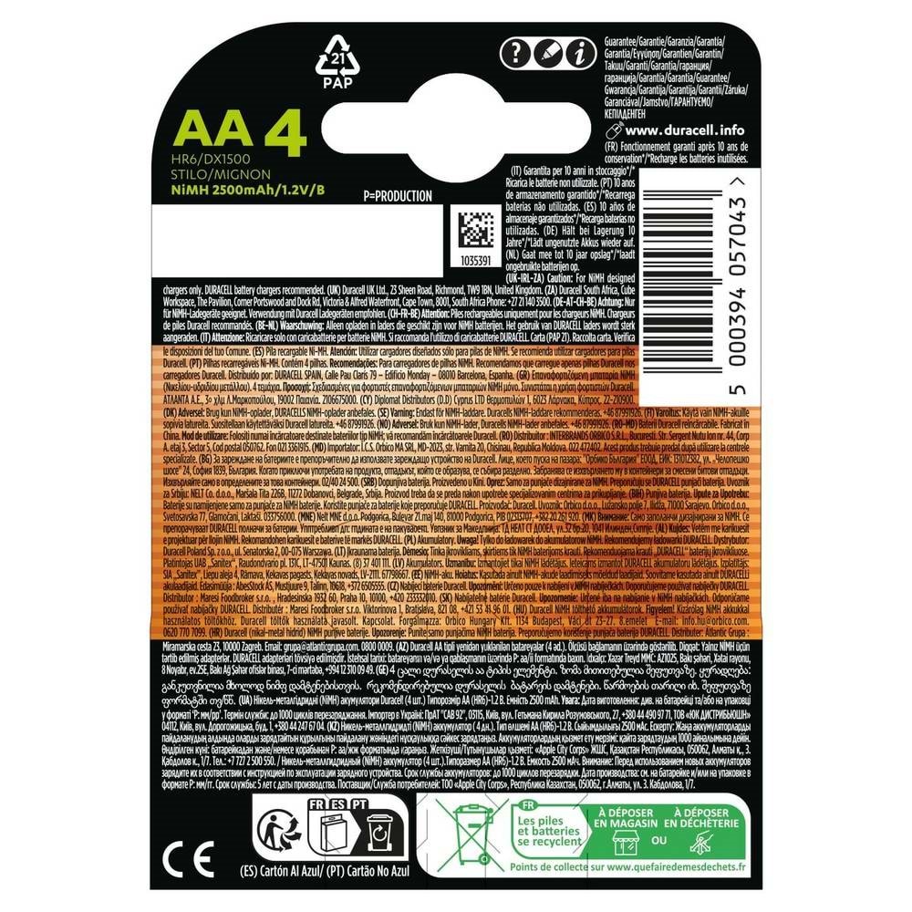 Duracell Şarj Edilebilir AA Kalem Pil (4'lü Paket), 2500 mAh NiMH, Önceden Sarj Edilmiş, Şarj Edilebilir pilimiz