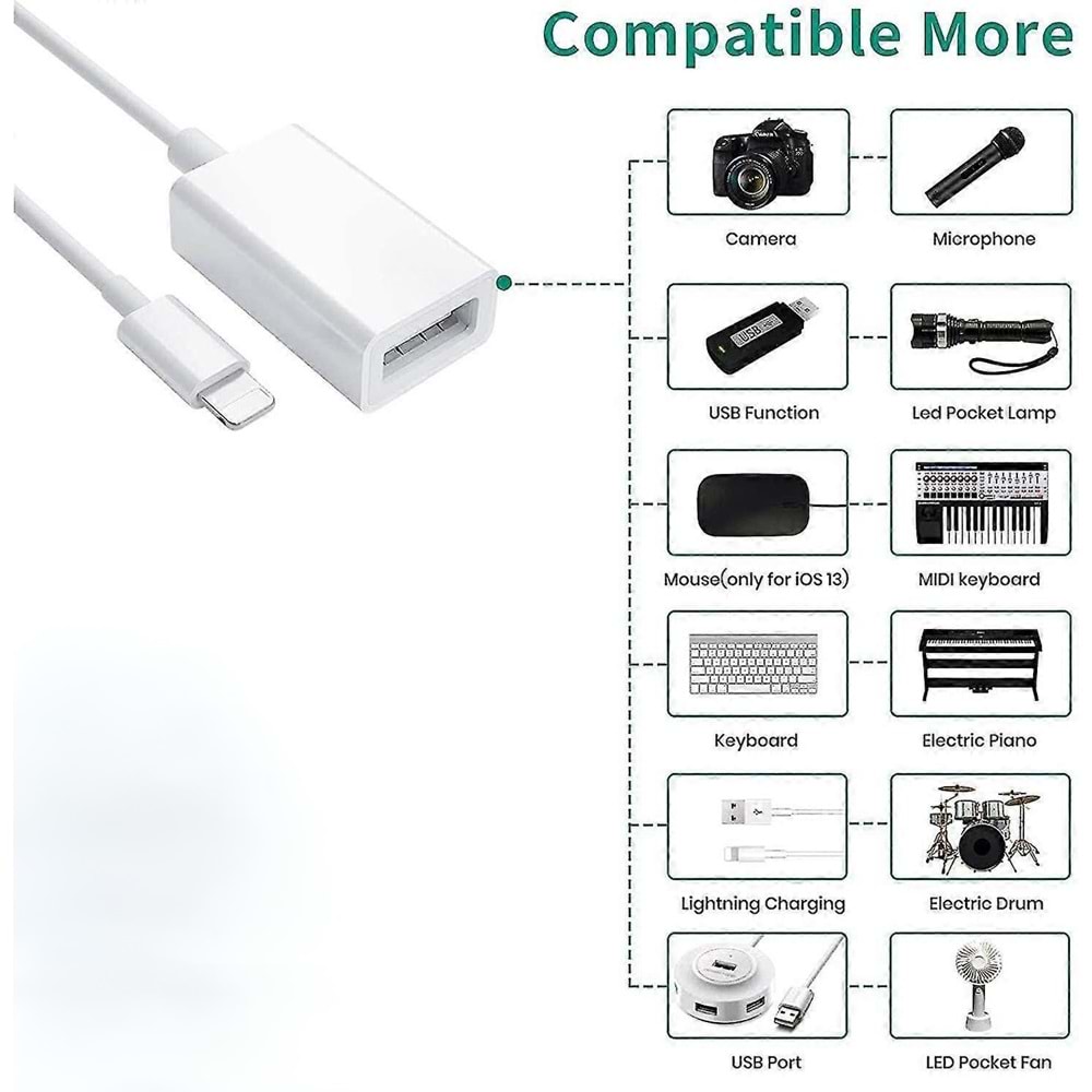 PDAteknoloji Lightning ile Uyumlu USB Adaptör (Flash Bellek-Mouse-Klavye Bağlamak İçin) Beyaz JH-0514
