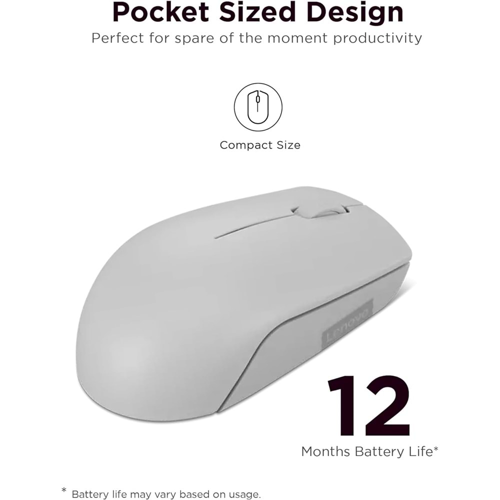 Lenovo 300 Kablosuz / Wireless Compact Mouse, Arktik Gri