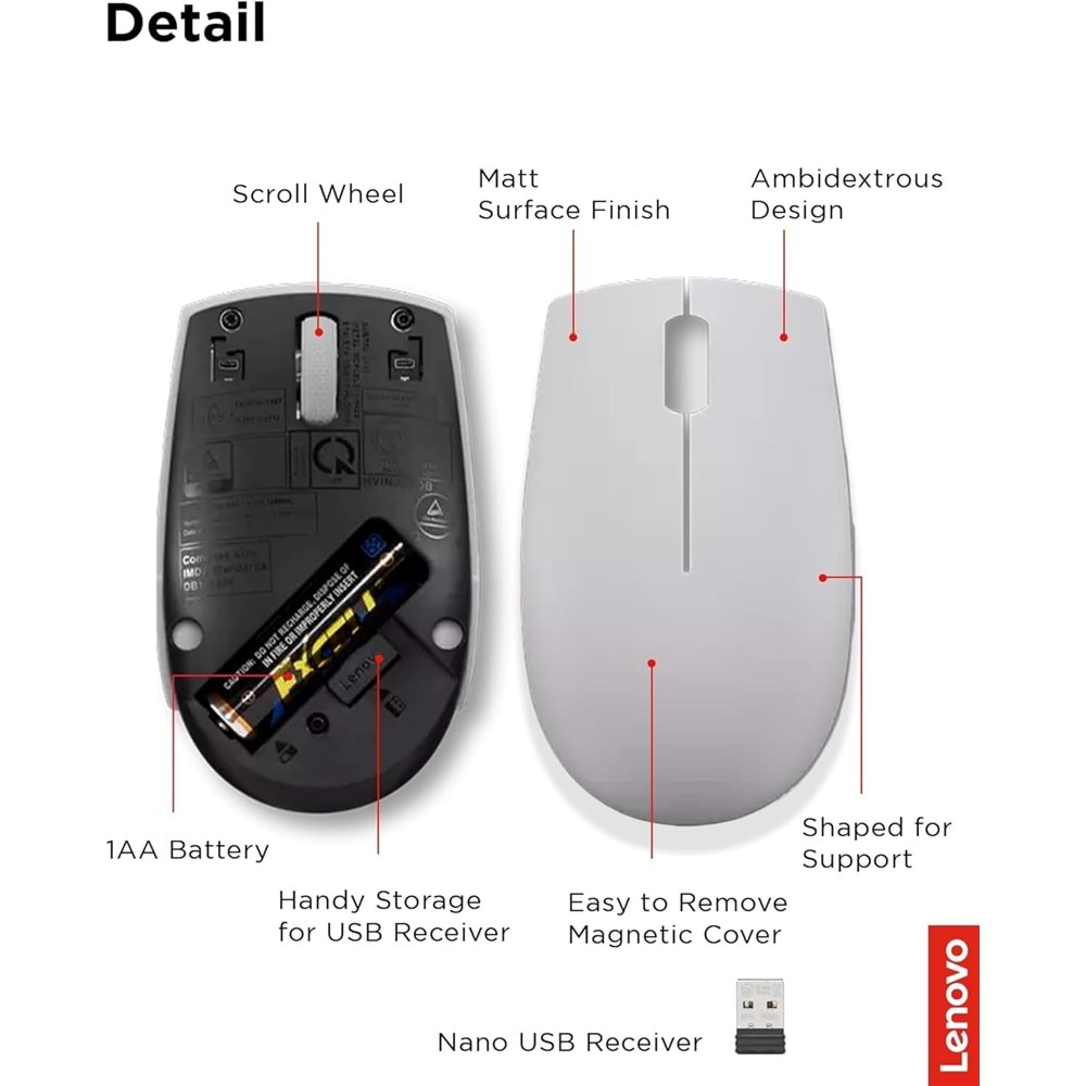 Lenovo 300 Kablosuz / Wireless Compact Mouse, Arktik Gri