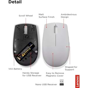Lenovo 300 Kablosuz / Wireless Compact Mouse, Arktik Gri