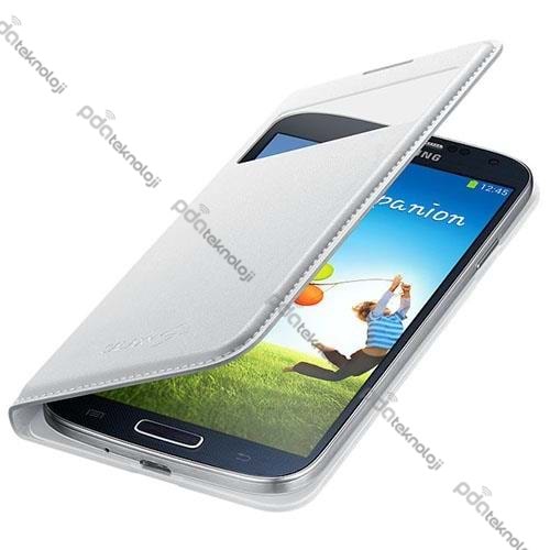 Samsung i9500 Galaxy S4 Kılıf Orjinal S-View Cover (Deri) - Beyaz (Outlet)