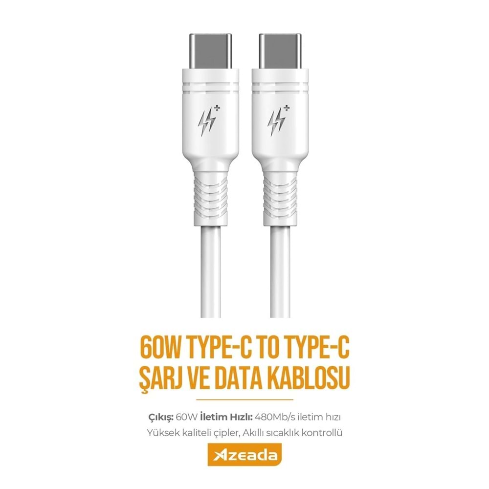 PDAteknoloji Azeada 60W Type-C to Type-C Şarj ve Data Kablosu 1m Beyaz PD-B82AB