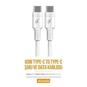 PDAteknoloji Azeada 60W Type-C to Type-C Şarj ve Data Kablosu 1m Beyaz PD-B82AB