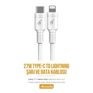 PDAteknoloji Azeada 27W Type-C to Lightning ile Uyumlu Şarj ve Data Kablosu 1m Beyaz PD-B82İB