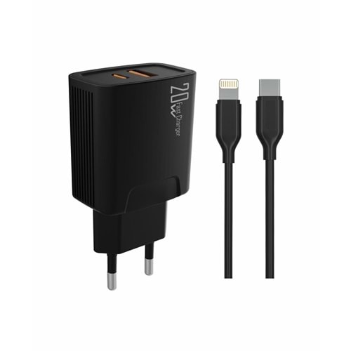 PDAteknoloji 20 watt USB + Type-C çıkışlı Hızlı Şarj Başlık Adaptör + 1m 3A Type-C to Lightning Kablo (Yerli Üretim) KDR-42 Siyah