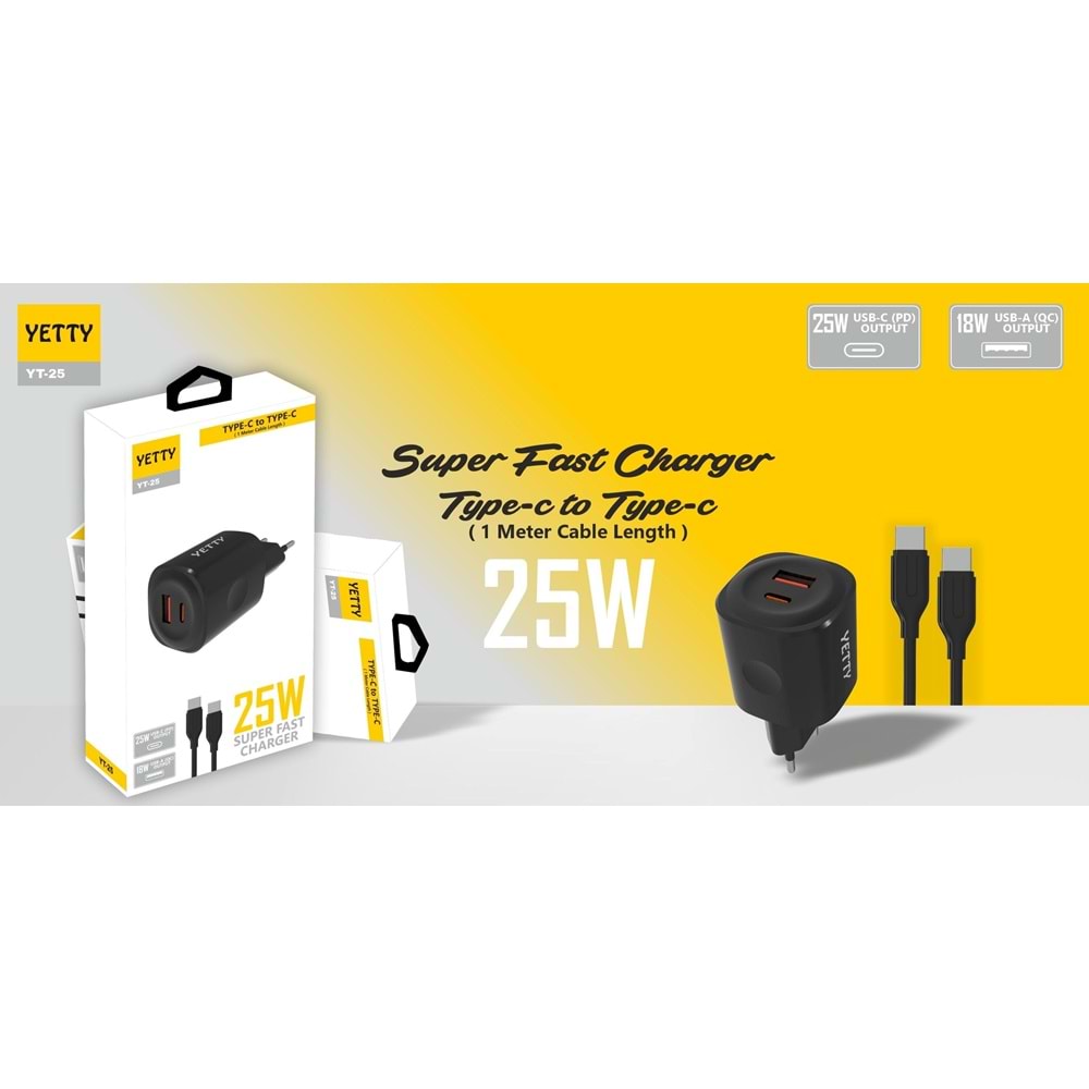 PDAteknoloji Yetty Çift Çıkışlı PD 25w 3.0 Type-C to Type-C 1m Hızlı Şarj Kablosu - Siyah (Yerli Üretim)