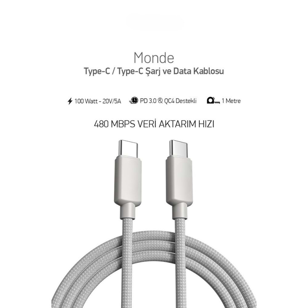 PDAteknoloji 100W Örgülü Type C to Type C SPK-10 Monde 1mt Data ve Şarj Kablosu