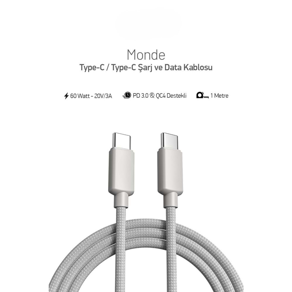 PDAteknoloji 60W Örgülü Type C to Type C SPK-10 Monde 1mt Data ve Şarj Kablosu
