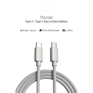 PDAteknoloji 60W Örgülü Type C to Type C SPK-10 Monde 1mt Data ve Şarj Kablosu