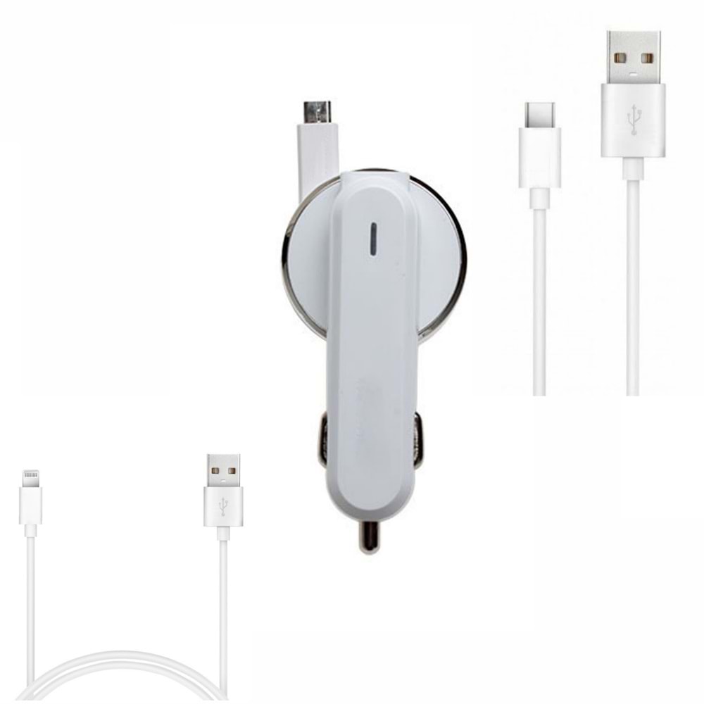 PDATeknoloji 3.1A 15watt Araç Şarj Aleti Micro USB Kırılmaz Kablo + Lightning Kablo Hediyeli + Type-C Kablo Hediyeli (Tüm Telefon Girişlerine uyumludur)