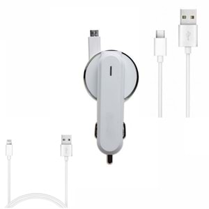 PDATeknoloji 3.1A 15watt Araç Şarj Aleti Micro USB Kırılmaz Kablo + Lightning Kablo Hediyeli + Type-C Kablo Hediyeli (Tüm Telefon Girişlerine uyumludur)