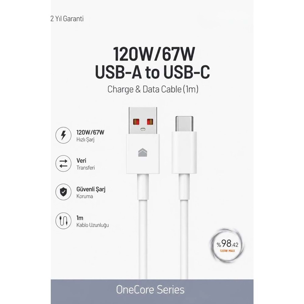PDAteknoloji 120W/67W USB-A to USB-C Hızlı Şarj ve Data Kablosu 1m Beyaz