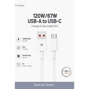 PDAteknoloji 120W/67W USB-A to USB-C Hızlı Şarj ve Data Kablosu 1m Beyaz