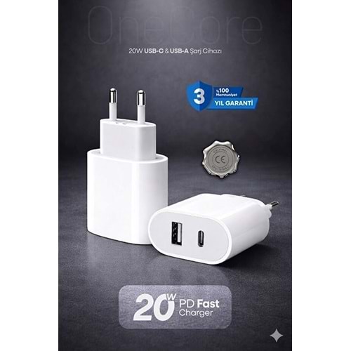 PDAteknoloji 20W USB-C ve USB-A Çift Girişli Şarj Adaptörü Beyaz (3 Yıl Garantili)