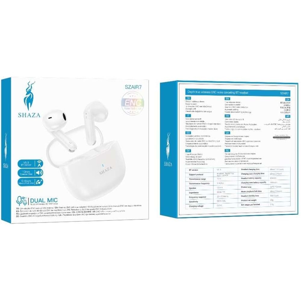 Shaza Air7 Gürültü Azaltma ENC 4 Mikrofonlu Bluetooth 5.3 TWS Kulaklık Beyaz